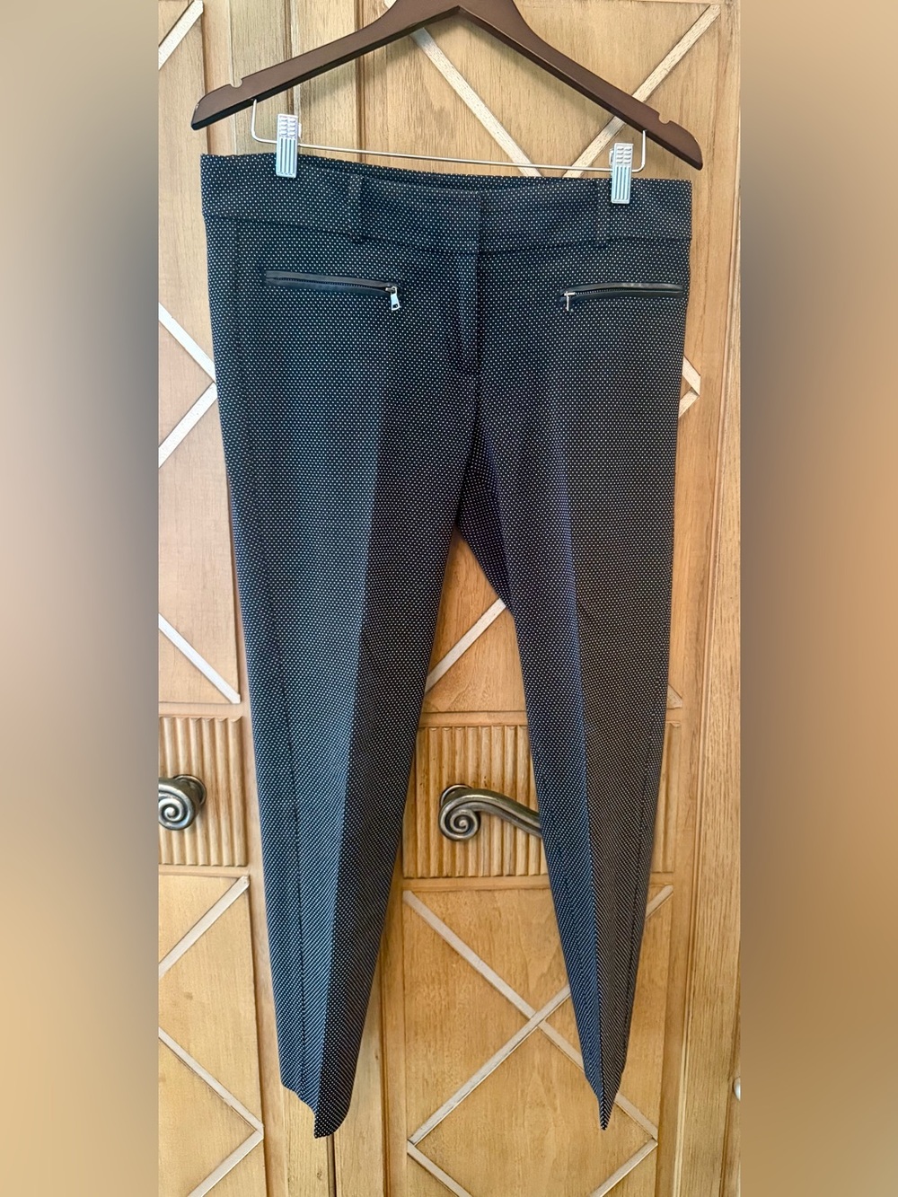 Ann Taylor Black Microdot Ankle Pants with Faux Leather Trim on Front Pockets